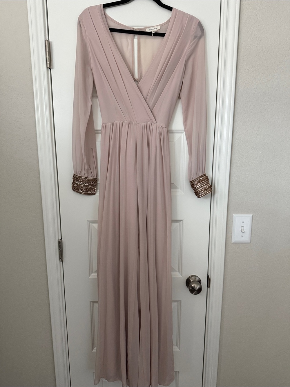 Elegant Long Sleeve Blush Pink Jumpsuit with Embellished Cuffs